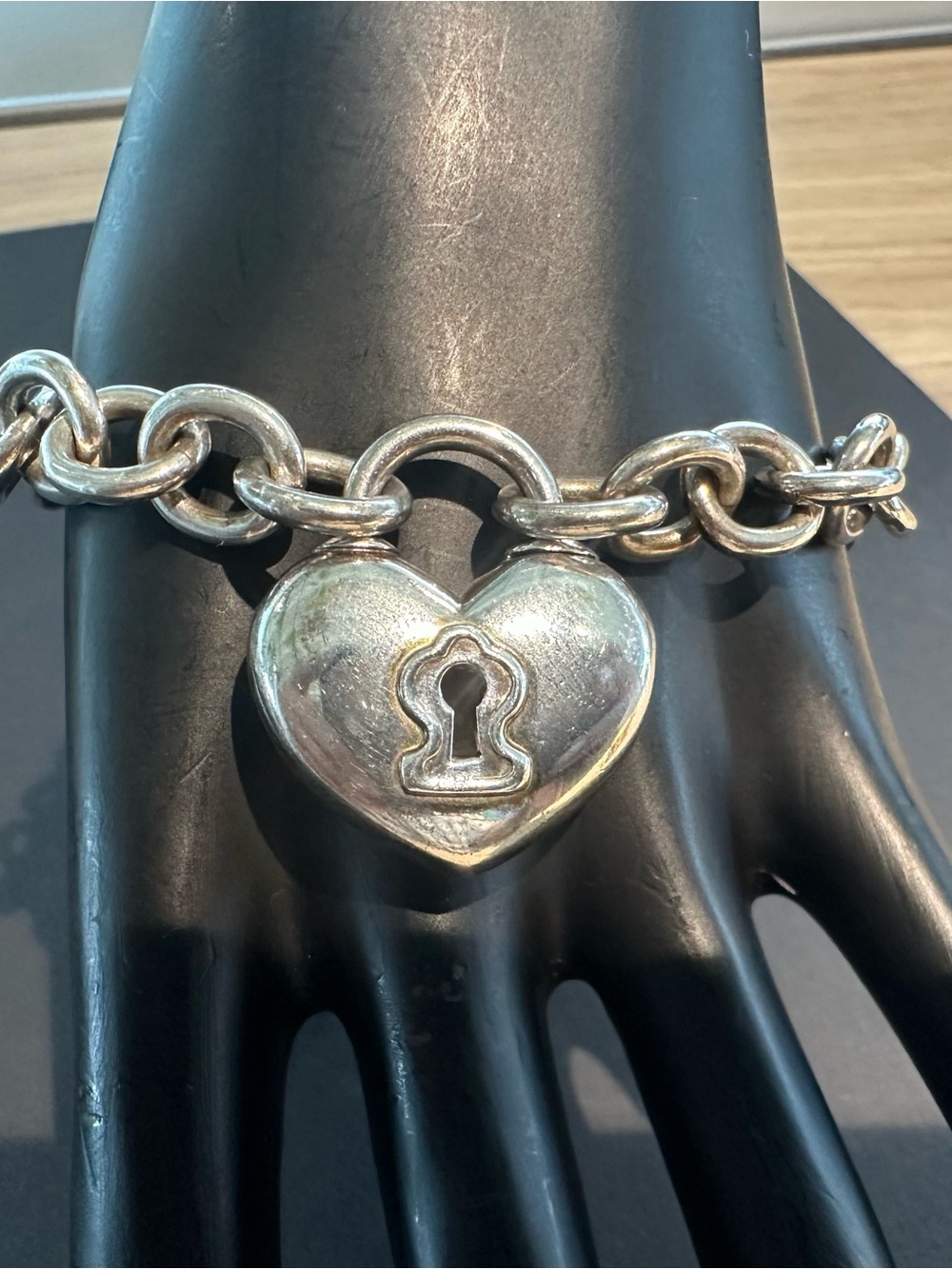 Birks Sterling Silver Heart Padlock Rolo Link Bracelet, Polished